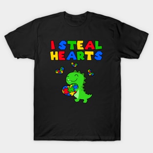 I Steal Hearts Puzzle Autism Awareness Month T Rex Dinosaurs T-Shirt